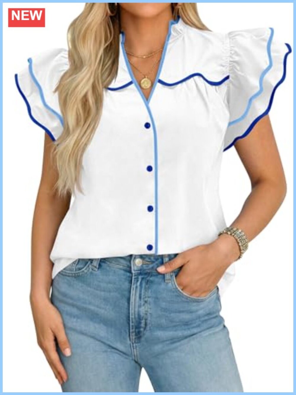 Womens V Neck Ruffle Cap Sleeve Button Down Blouse Polyester Summer Top